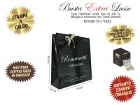 BUSTE IN CARTA LUSSO NERA PLASTIFICAZIONE LUCIDA EXTRA impianto stampa, chiudibusta e nastrino doppio raso omaggio 